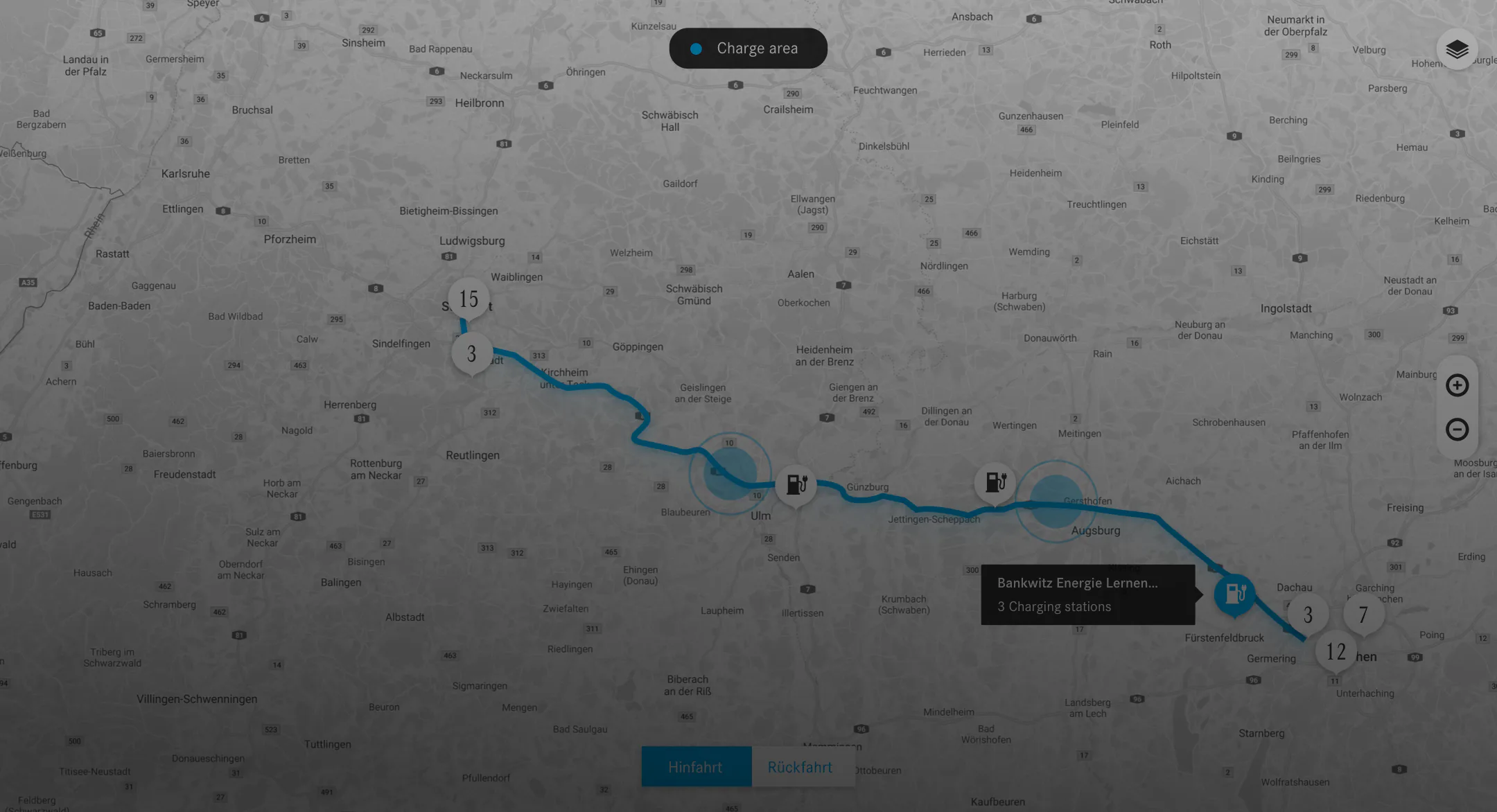 Map view with route and charging stations