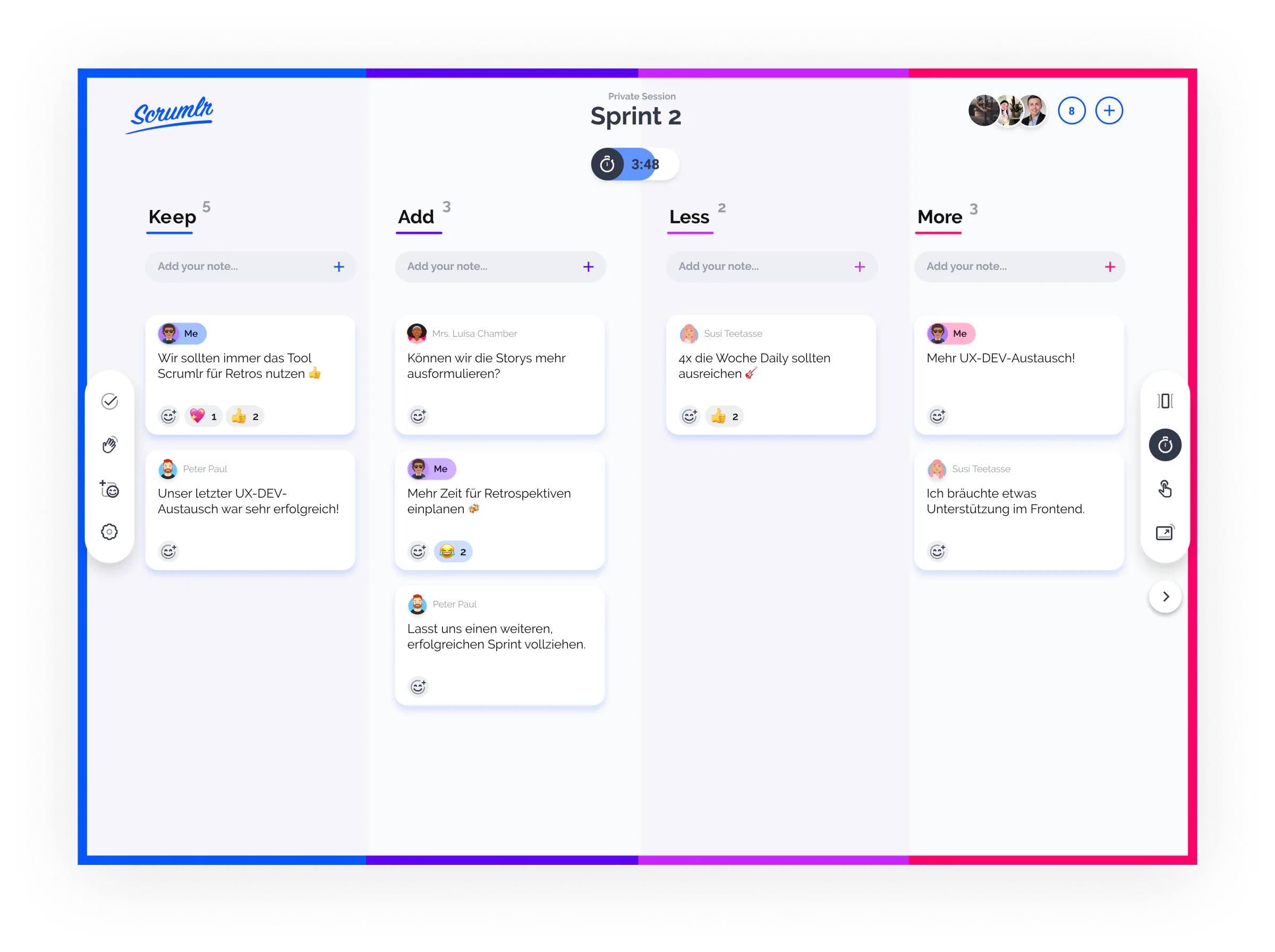 Scrumlr board with reactions in light mode