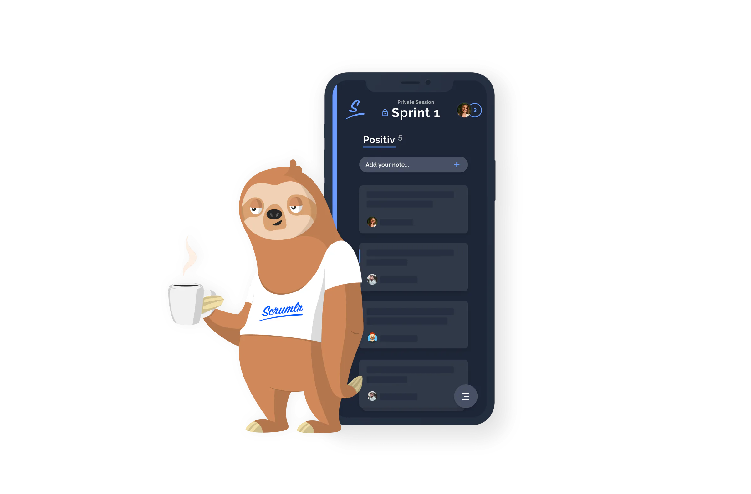 Scrumlr in dark mode on a smartphone with Stan the mascot