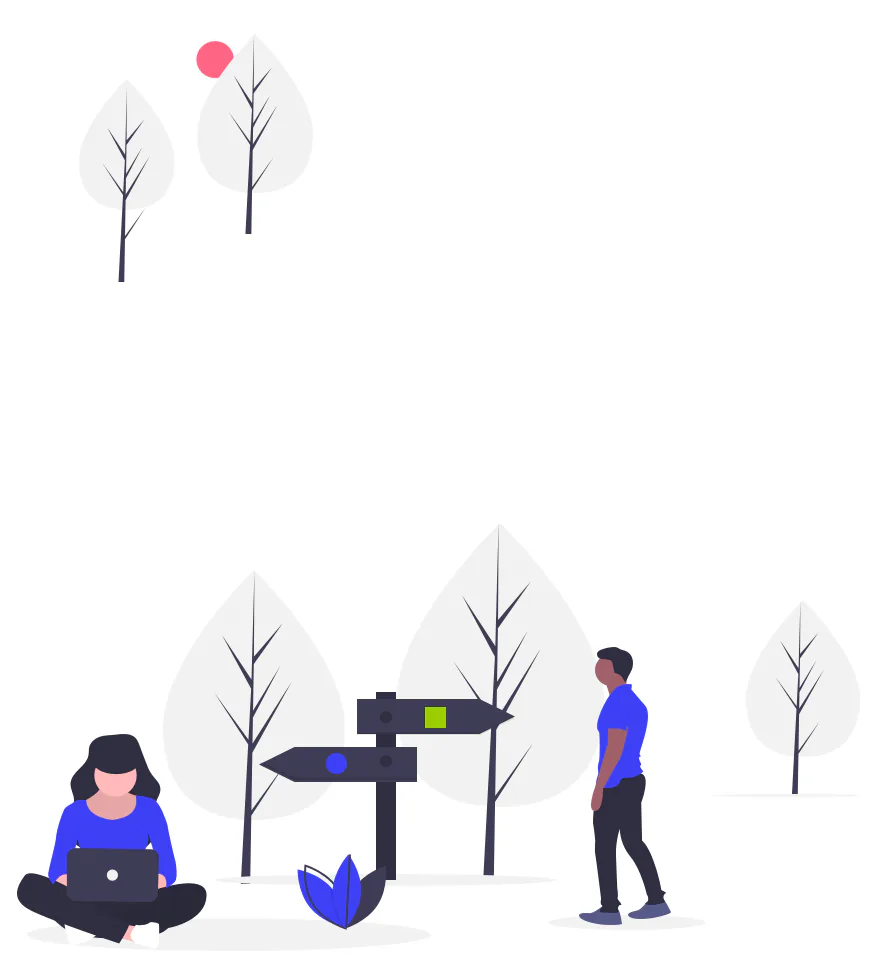 Illustration: two people at a signpost in the woods