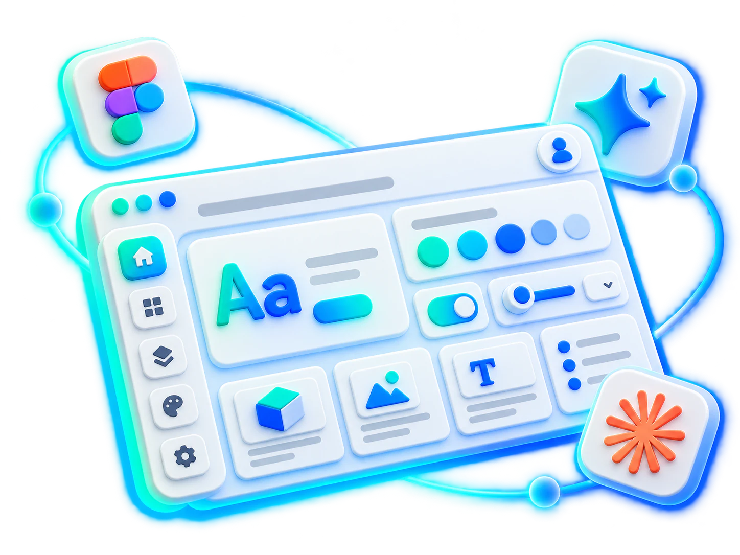 A three-dimensional design system with typography, a colour palette and reusable UI components.