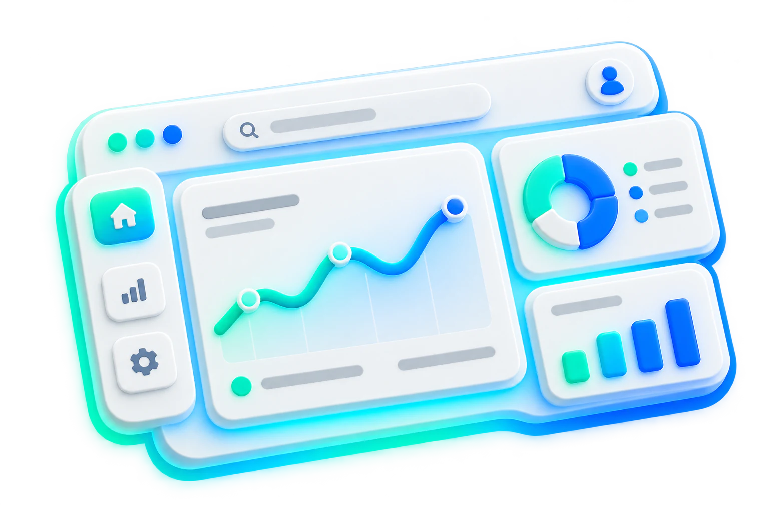 A three-dimensional product dashboard with charts and interface controls.