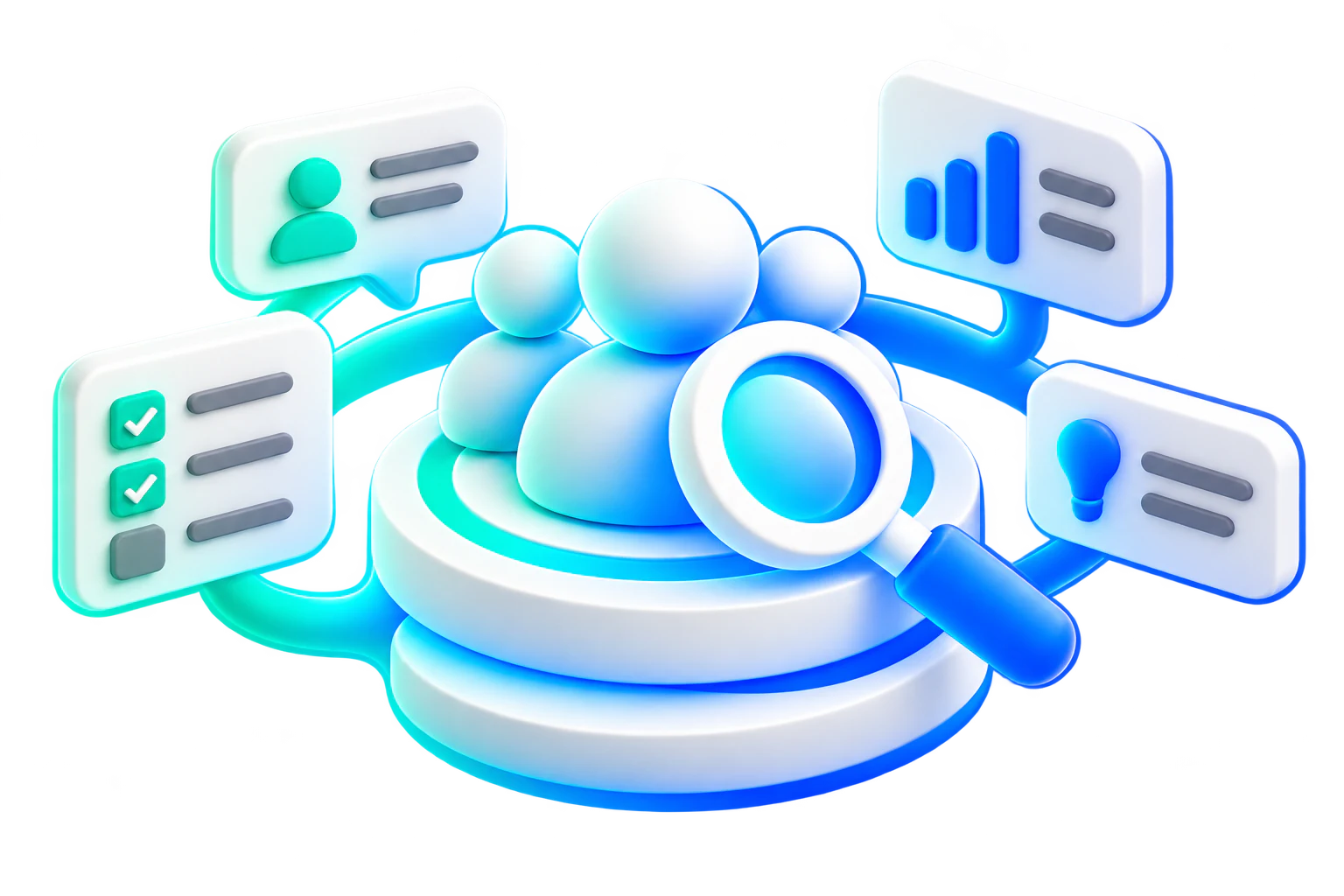 A user group with a magnifying glass, interviews and checklists in a three-dimensional research illustration.